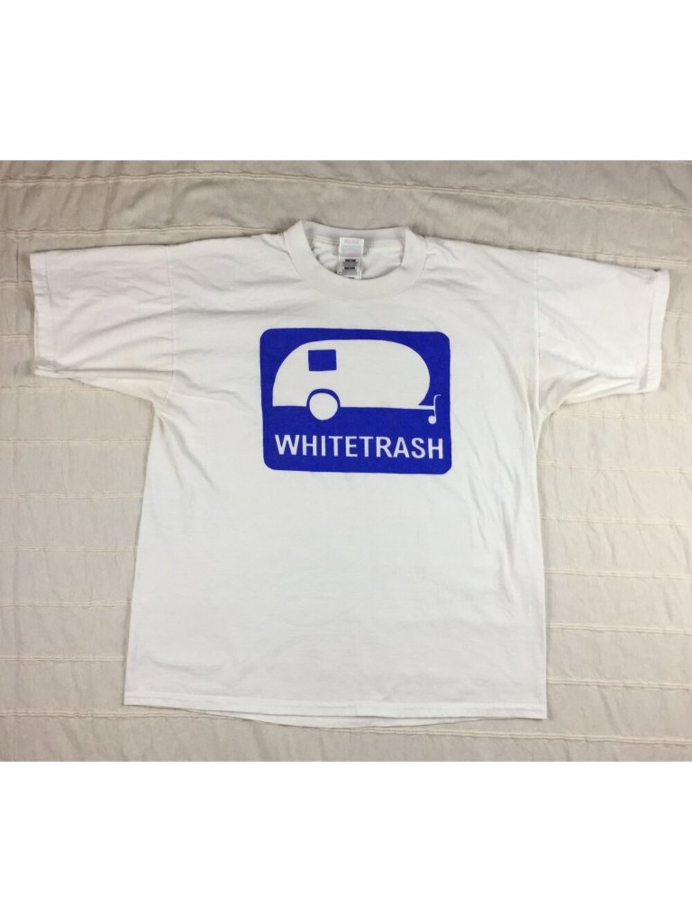 Vintage White Trash T Shirt Men's Size Large White Blue Trailer Logo Crewneck